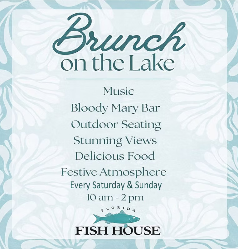 Weekend brunch served Saturday and Sunday, 10 AM to 2 PM, with outdoor lakeside seating, Bloody Marys, and live music