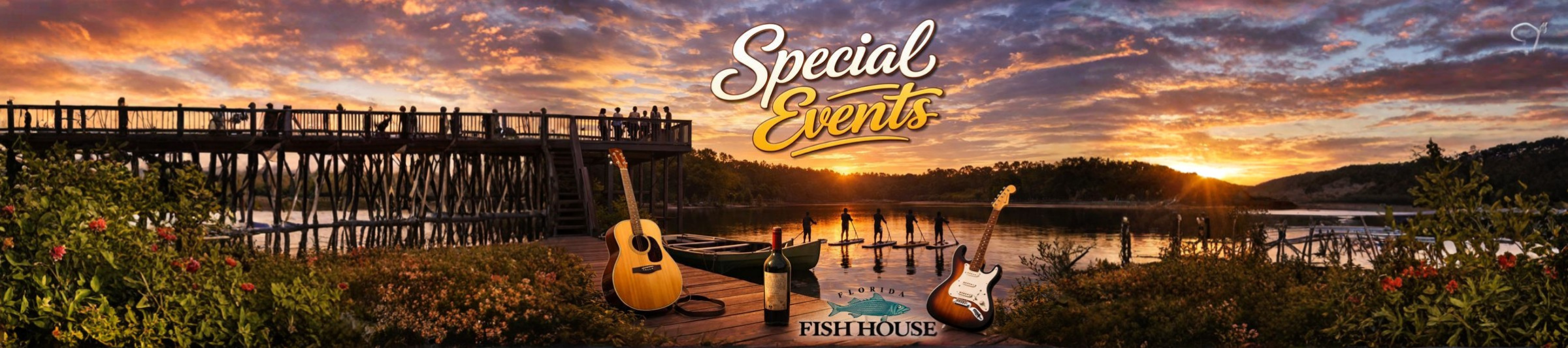 Special Events banner featuring a sunset view of Old Florida Fish House with live music instruments and paddleboarders.